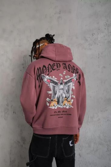 Erkek Kordon İpli Baskılı Kapüşonlu Sweatshirt - Gül Kurusu resmi