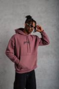 Erkek Kordon İpli Baskılı Kapüşonlu Sweatshirt - Gül Kurusu resmi