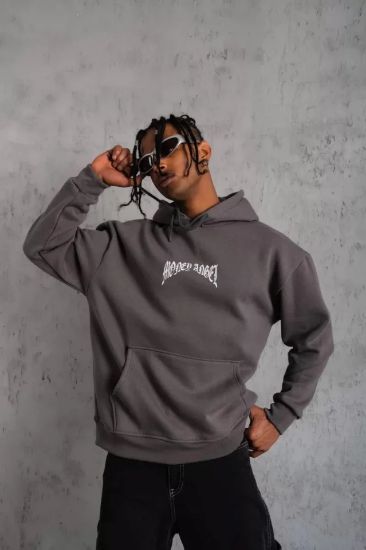 Erkek Kordon İpli Baskılı Kapüşonlu Sweatshirt - Füme resmi