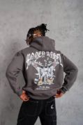 Erkek Kordon İpli Baskılı Kapüşonlu Sweatshirt - Füme resmi