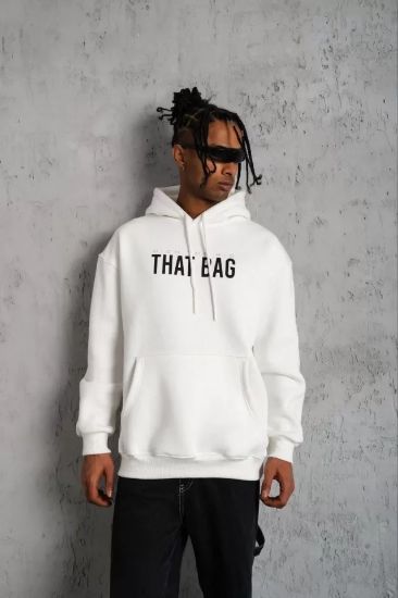Erkek Kanguru Cep Baskılı Kapüşonlu Sweatshirt - Beyaz resmi