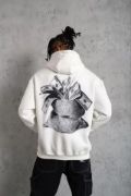 Erkek Kanguru Cep Baskılı Kapüşonlu Sweatshirt - Beyaz resmi