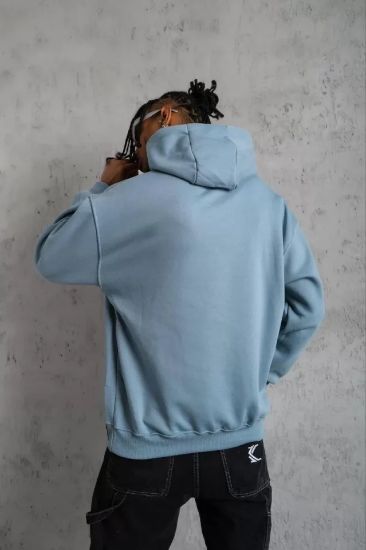 Erkek Armalı Baskılı Kapüşonlu Sweatshirt - Mavi resmi