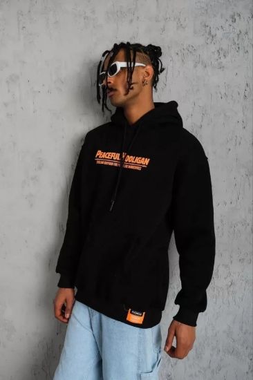 Erkek Armalı Baskılı Kapüşonlu Sweatshirt - Siyah resmi