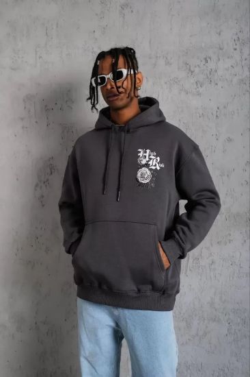 Erkek Baskılı Kapşonlu Sweat - Füme resmi