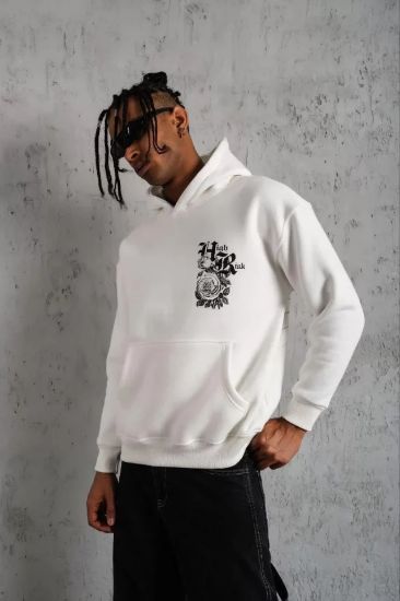 Erkek Baskılı Kapşonlu Sweat - Beyaz resmi
