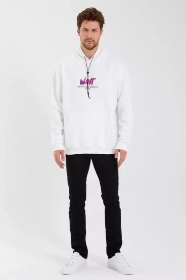 Erkek Baskılı Üç İplik Kapüşonlu Oversize Sweatshirt - Beyaz resmi