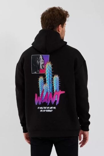 Erkek Baskılı Üç İplik Kapüşonlu Oversize Sweatshirt - Siyah resmi