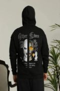 Erkek Sırt Baskılı Oversize Üç İplik Kapüşonlu Sweatshirt - Siyah resmi