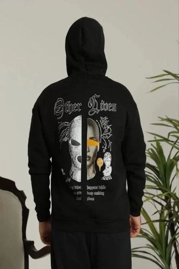 Erkek Sırt Baskılı Oversize Üç İplik Kapüşonlu Sweatshirt - Siyah resmi
