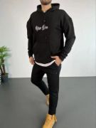 Erkek Sırt Baskılı Oversize Üç İplik Kapüşonlu Sweatshirt - Siyah resmi