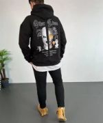 Erkek Sırt Baskılı Oversize Üç İplik Kapüşonlu Sweatshirt - Siyah resmi