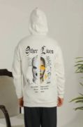 Erkek Sırt Baskılı Oversize Üç İplik Kapüşonlu Sweatshirt - Beyaz resmi