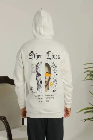 Erkek Sırt Baskılı Oversize Üç İplik Kapüşonlu Sweatshirt - Beyaz resmi