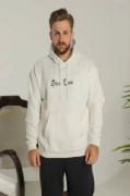 Erkek Sırt Baskılı Oversize Üç İplik Kapüşonlu Sweatshirt - Beyaz resmi