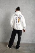 Erkek Sırt Baskılı Oversize Üç İplik Kapüşonlu Sweatshirt - Beyaz resmi