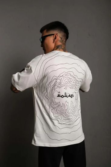 Erkek Bisiklet Yakalı Sırt Baskılı Oversize T-Shirt - Beyaz resmi