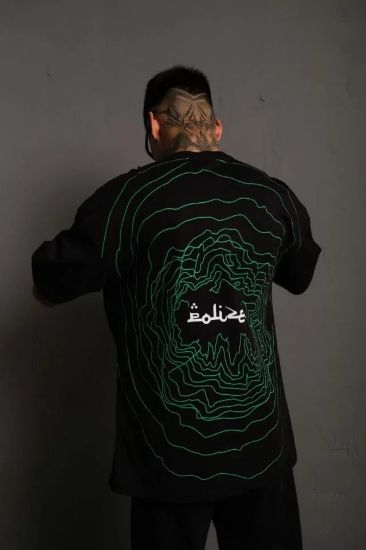 Erkek Bisiklet Yakalı Sırt Baskılı Oversize T-Shirt - Siyah resmi