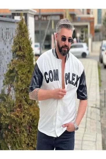 Erkek Complex Kolları Deri Kolej Oversize T-Shirt - Beyaz resmi