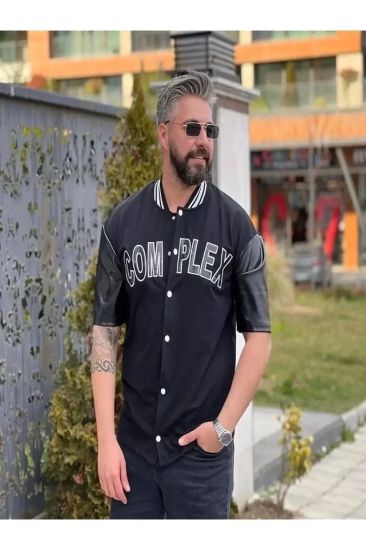 Erkek Complex Kolları Deri Kolej Oversize T-shirt - Siyah resmi