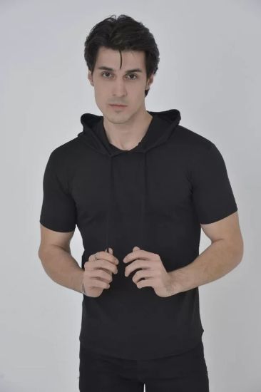 Erkek Kapşonlu Slim Fit T-shirt - Siyah resmi