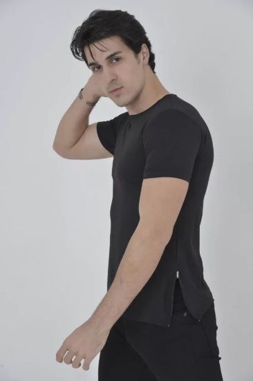 Erkek Yandan Fermuarli Slim Fit T-shirt - Siyah resmi