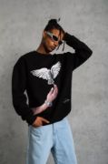 Erkek Güvercin Baskılı Sweatshirt - Siyah resmi