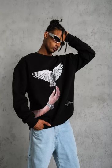 Erkek Güvercin Baskılı Sweatshirt - Siyah resmi