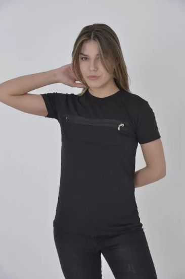 Göğüste Fermuar Aksesuarlı Dar Kalıp T-Shirt - Siyah resmi