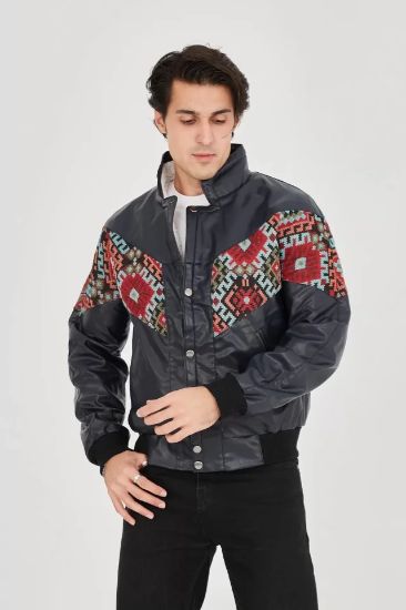 Erkek İçi Astarlı İçten Yaka Kısmı Peluşlu Suni Kumaş Vintage Ceket - Lacivert resmi