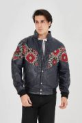 Erkek İçi Astarlı İçten Yaka Kısmı Peluşlu Suni Kumaş Vintage Ceket - Lacivert resmi