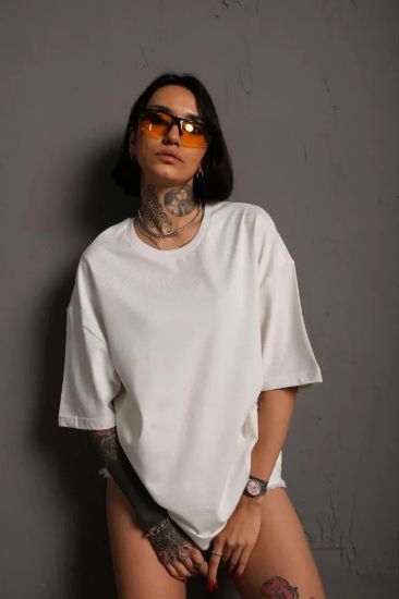 24/1 Düz A Kalite Oversize T-shirt - Beyaz resmi
