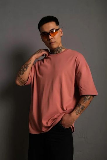 Erkek 24/1 Düz A Kalite Oversize T-shirt - Gül Kurusu resmi