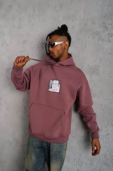 Erkek Ön Arka Baskılı Kapşonlu Sweat - Gül Kurusu resmi