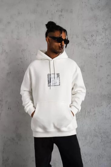Erkek Ön Arka Baskılı Kapşonlu Sweat - Beyaz resmi