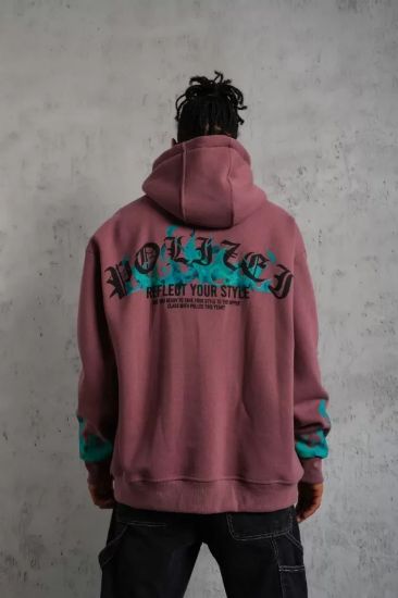 Erkek Üç İplik Içi Pamuklu Alev Baskılı Kapüşonlu Sweatshirt - Gül Kurusu resmi