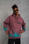Erkek Üç İplik Içi Pamuklu Alev Baskılı Kapüşonlu Sweatshirt - Gül Kurusu resmi