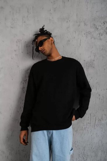 Erkek Düz Bisiklet Yaka Sweat - Siyah resmi