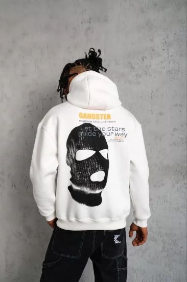Erkek Kordonlu Maske Baskılı Kapüşonlu Sweat - Beyaz resmi