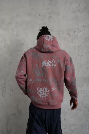 Erkek Baskılı Kapüşonlu Ribanalı Sweat - Gül Kurusu resmi