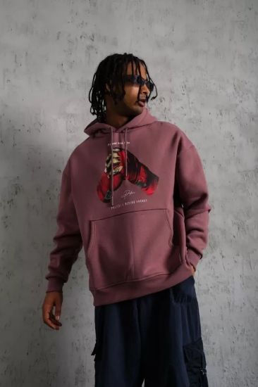 Erkek Eldiven Baskılı Kapüşonlu Sweat - Gül Kurusu resmi