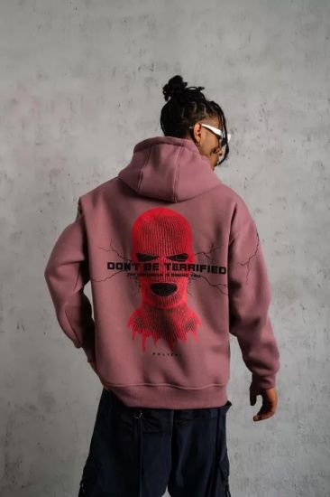 Erkek Maske Baskılı Kapüşonlu Sweat - Gül Kurusu resmi