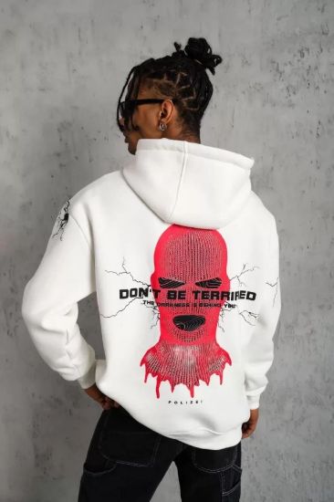 Erkek Maske Baskılı Kapüşonlu Sweat - Beyaz resmi