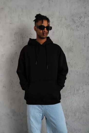 Erkek Düz Kapüşonlu Sweat - Siyah resmi
