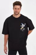 Erkek Melek Baskılı Oversize T-shirt - Siyah resmi