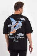 Erkek Melek Baskılı Oversize T-shirt - Siyah resmi