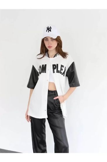 Complex Kolları Deri Kolej Oversize T-shirt - Beyaz resmi