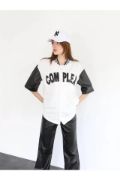 Complex Kolları Deri Kolej Oversize T-shirt - Beyaz resmi