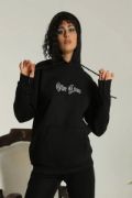 Sırt Baskılı Oversize Üç İplik Kapüşonlu Sweatshirt - Siyah resmi
