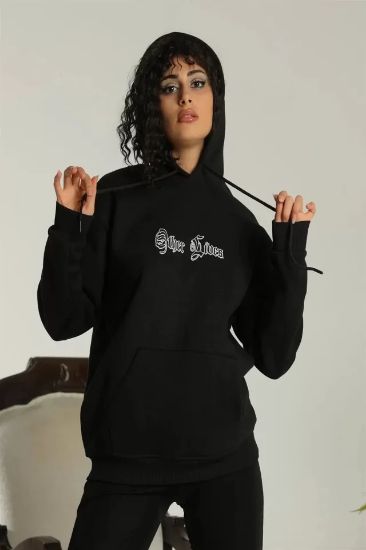 Sırt Baskılı Oversize Üç İplik Kapüşonlu Sweatshirt - Siyah resmi